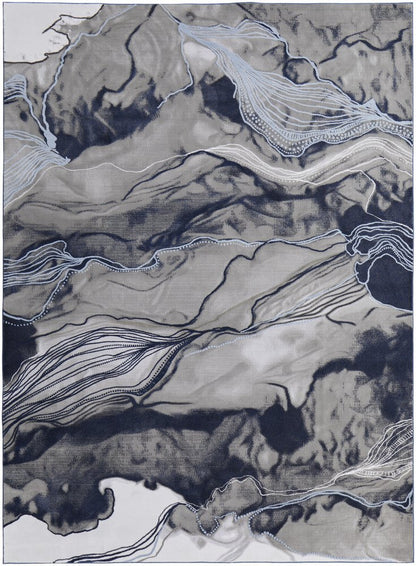 8' Blue Gray And Ivory Abstract Power Loom Runner Rug