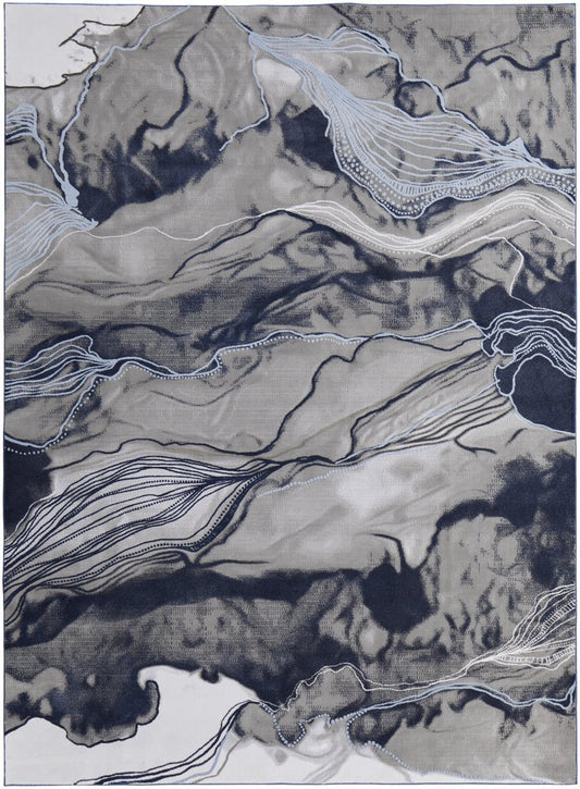 8' Blue Gray And Ivory Abstract Power Loom Runner Rug