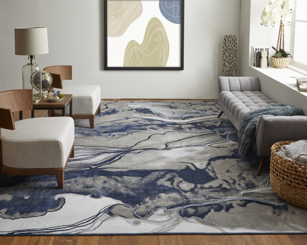 10' X 14' Blue Gray And Ivory Abstract Power Loom Stain Resistant Area Rug