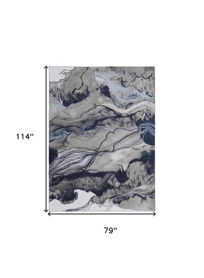 8' Blue Gray And Ivory Abstract Power Loom Runner Rug
