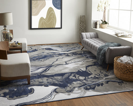 10' X 14' Blue Gray And Ivory Abstract Power Loom Stain Resistant Area Rug