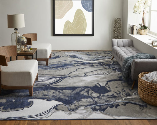 8' Blue Gray And Ivory Abstract Power Loom Runner Rug