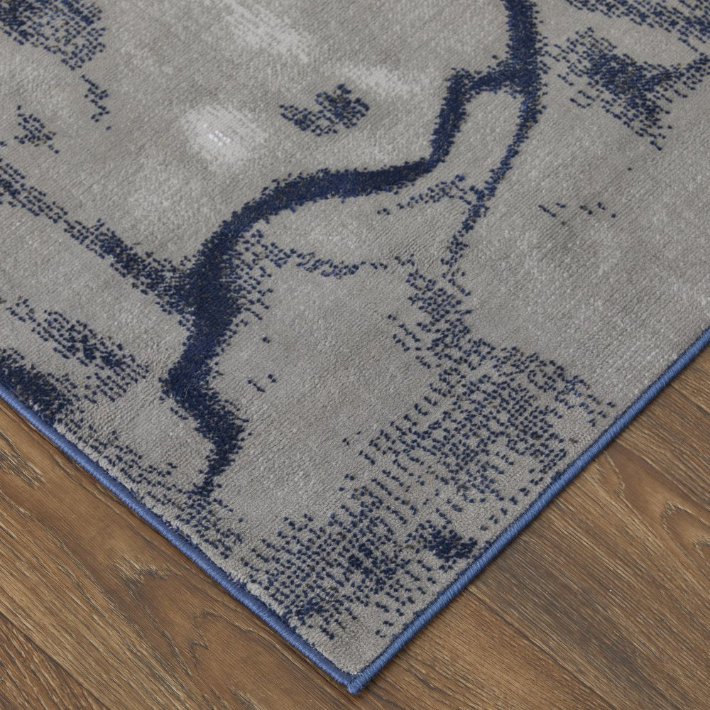 8' Blue Gray And Ivory Abstract Power Loom Runner Rug