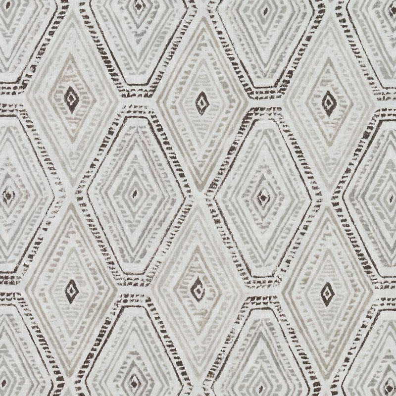 Geometric printed fabric with repeating diamond motifs in cream, beige and brown tones, suitable for upholstery.