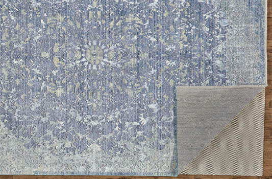 10' X 14' Blue Gray And Silver Abstract Distressed Area Rug With Fringe