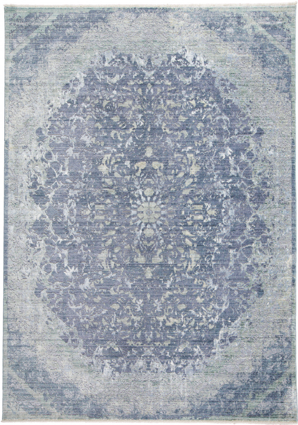 5' X 8' Blue Gray And Silver Abstract Distressed Area Rug With Fringe