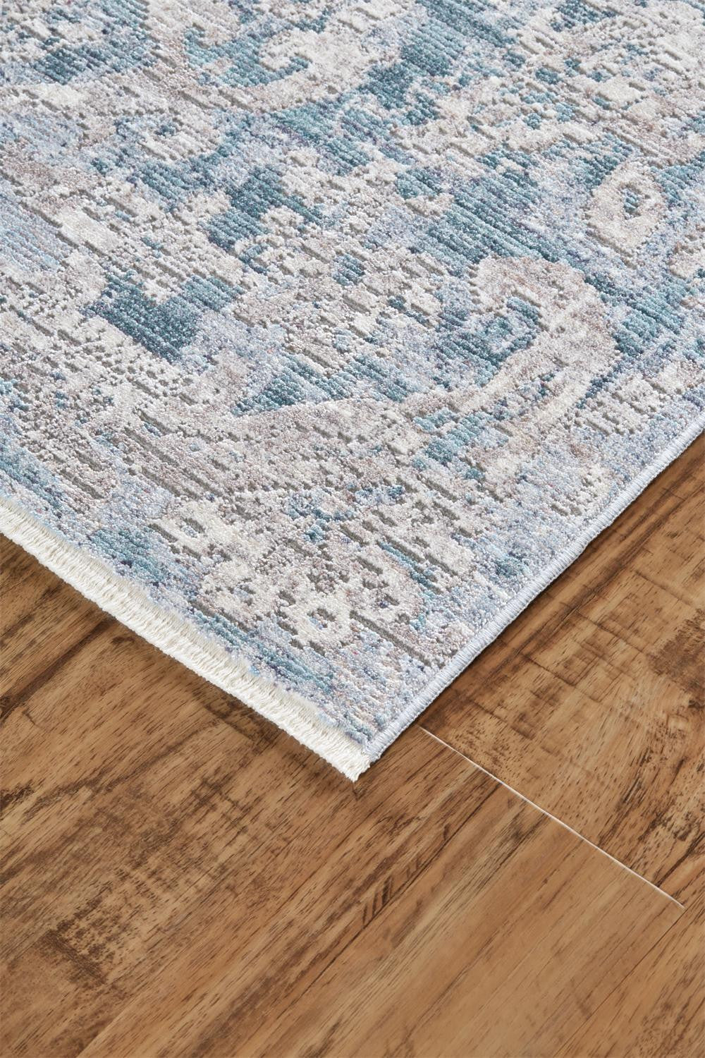 4' X 6' Blue and Gray Abstract Distressed Area Rug With Fringe