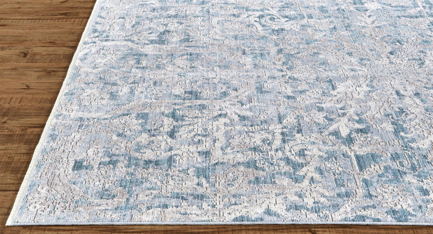 8' X 10' Blue Gray And Silver Abstract Distressed Area Rug With Fringe