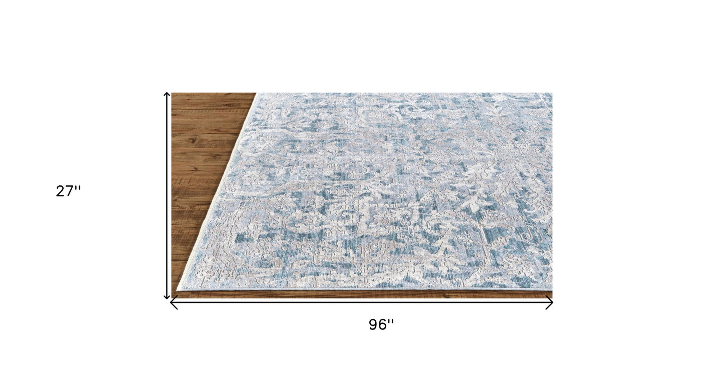 8' X 10' Blue Gray And Silver Abstract Distressed Area Rug With Fringe