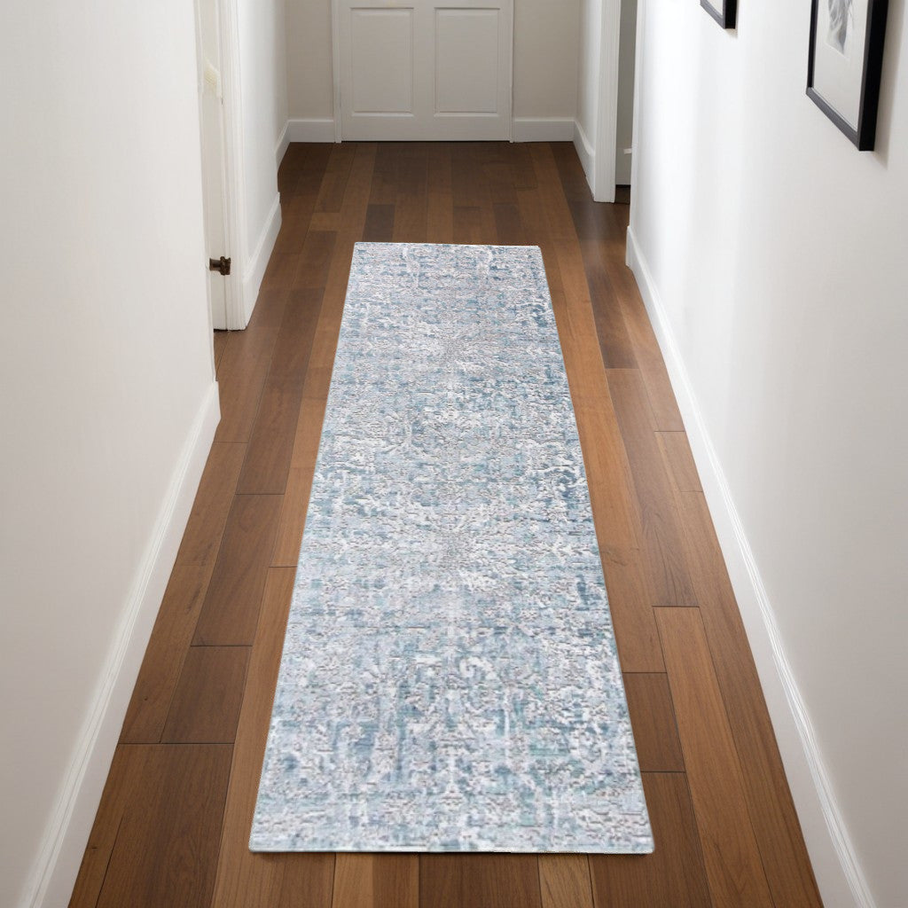 4' X 6' Blue and Gray Abstract Distressed Area Rug With Fringe