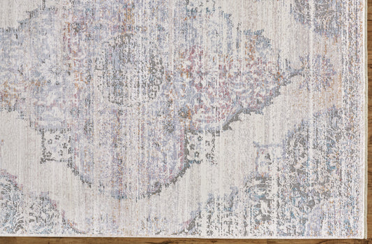 5' X 8' Ivory Gray And Pink Abstract Distressed Area Rug With Fringe