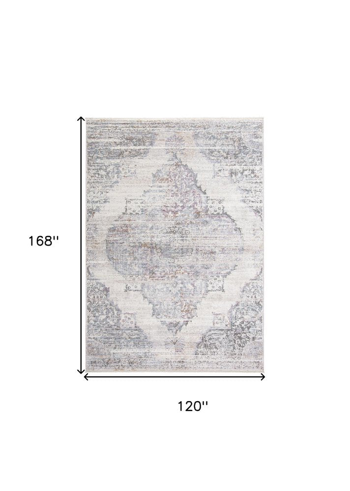 10' X 14' Ivory Gray And Pink Abstract Distressed Area Rug With Fringe