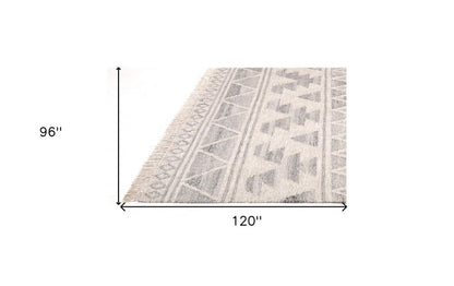 9' X 12' Blue and Ivory Wool Geometric Flatweave Handmade Area Rug With Fringe
