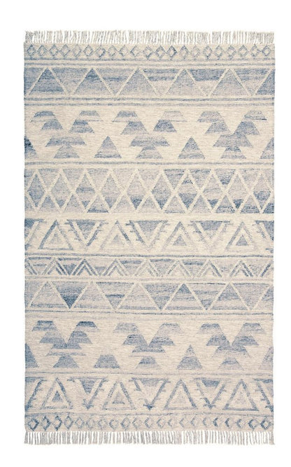 8' X 10' Ivory Gray And Blue Wool Geometric Dhurrie Flatweave Handmade Area Rug With Fringe