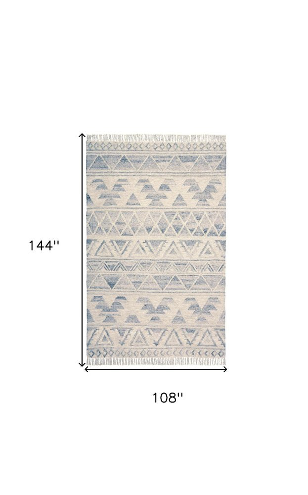 9' X 12' Blue and Ivory Wool Geometric Flatweave Handmade Area Rug With Fringe