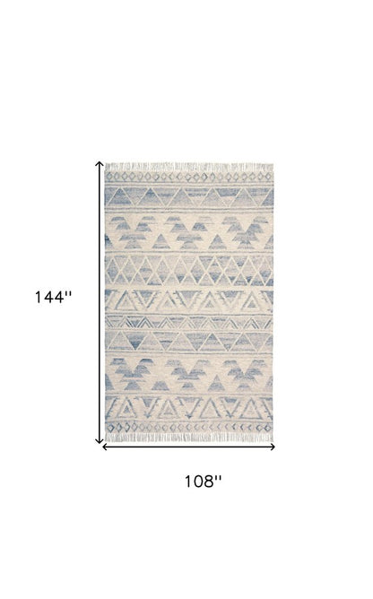 9' X 12' Blue and Ivory Wool Geometric Flatweave Handmade Area Rug With Fringe