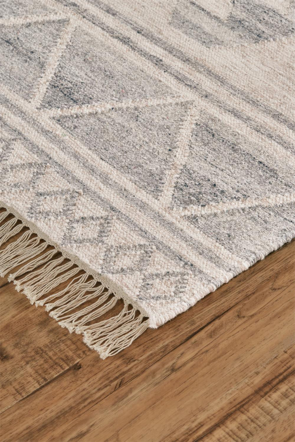 8' X 10' Ivory Gray And Blue Wool Geometric Dhurrie Flatweave Handmade Area Rug With Fringe