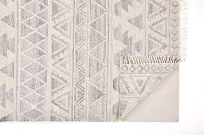 9' X 12' Blue and Ivory Wool Geometric Flatweave Handmade Area Rug With Fringe