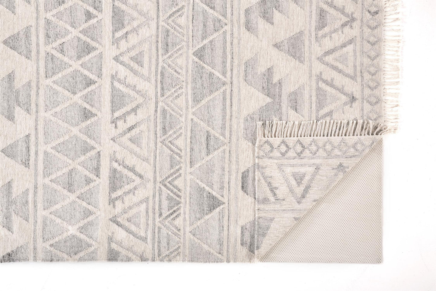 8' X 10' Ivory Gray And Blue Wool Geometric Dhurrie Flatweave Handmade Area Rug With Fringe