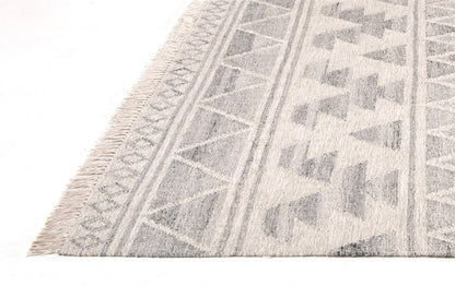 10' X 14' Blue and Ivory Wool Geometric Flatweave Handmade Area Rug With Fringe