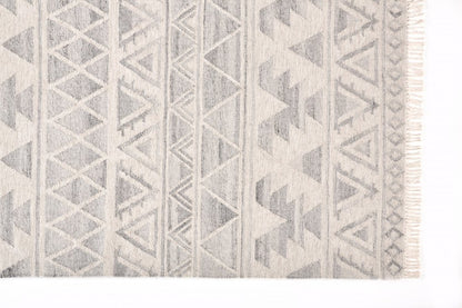 9' X 12' Blue and Ivory Wool Geometric Flatweave Handmade Area Rug With Fringe