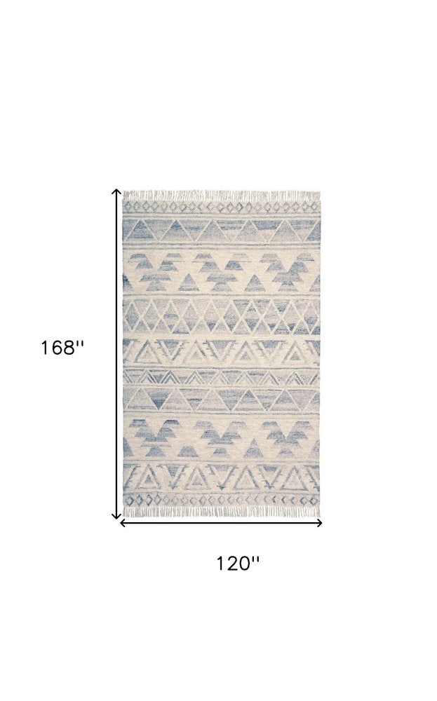 10' X 14' Blue and Ivory Wool Geometric Flatweave Handmade Area Rug With Fringe