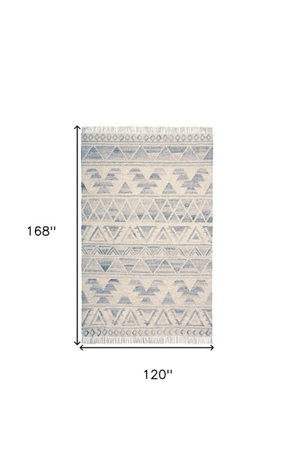10' X 14' Blue and Ivory Wool Geometric Flatweave Handmade Area Rug With Fringe