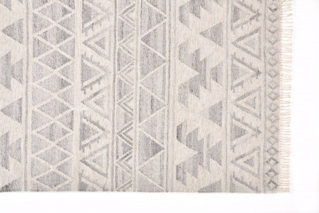 8' X 10' Ivory Gray And Blue Wool Geometric Dhurrie Flatweave Handmade Area Rug With Fringe