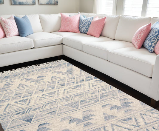 8' X 10' Ivory Gray And Blue Wool Geometric Dhurrie Flatweave Handmade Area Rug With Fringe