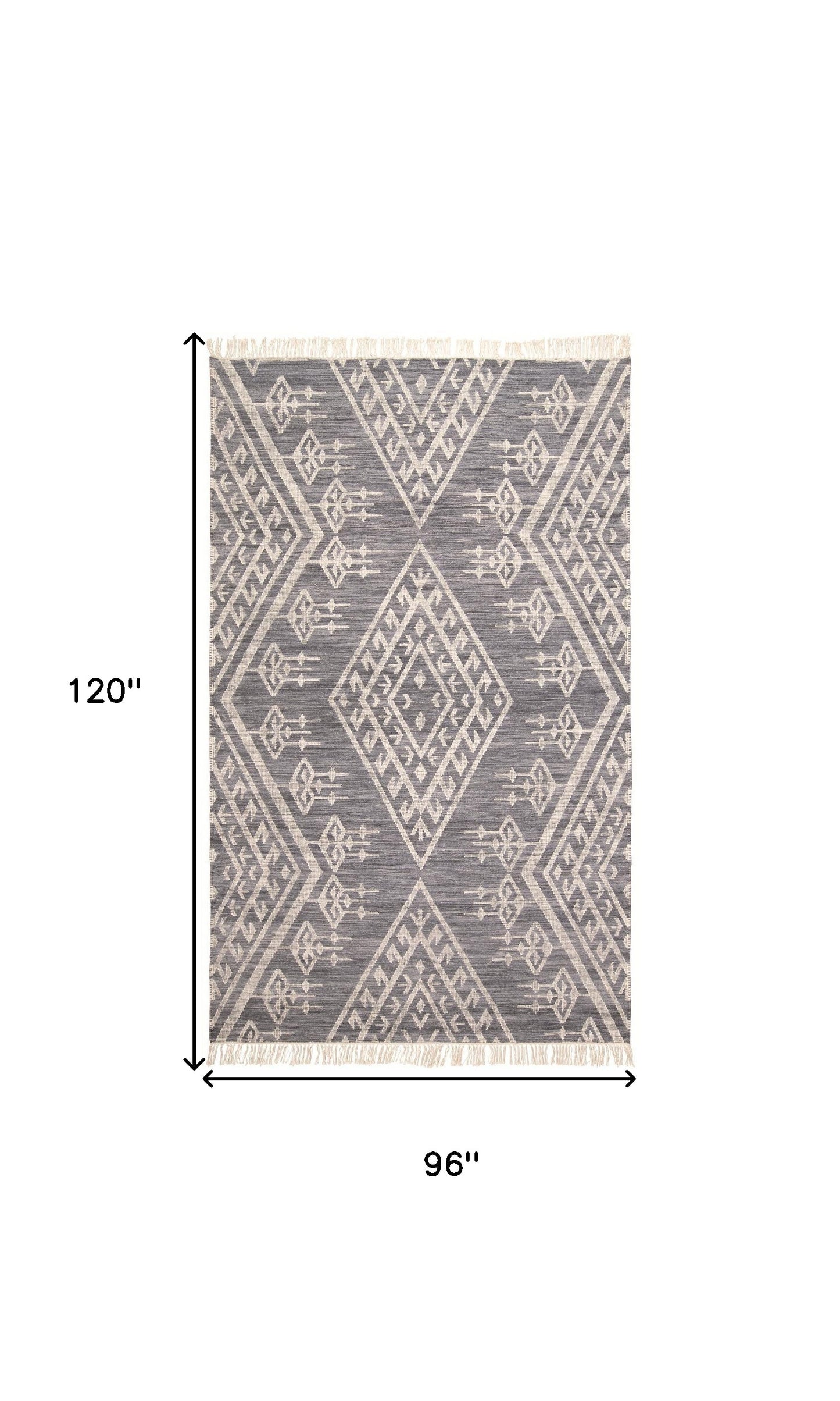 8' X 10' Gray Ivory And Blue Wool Geometric Dhurrie Flatweave Handmade Area Rug With Fringe