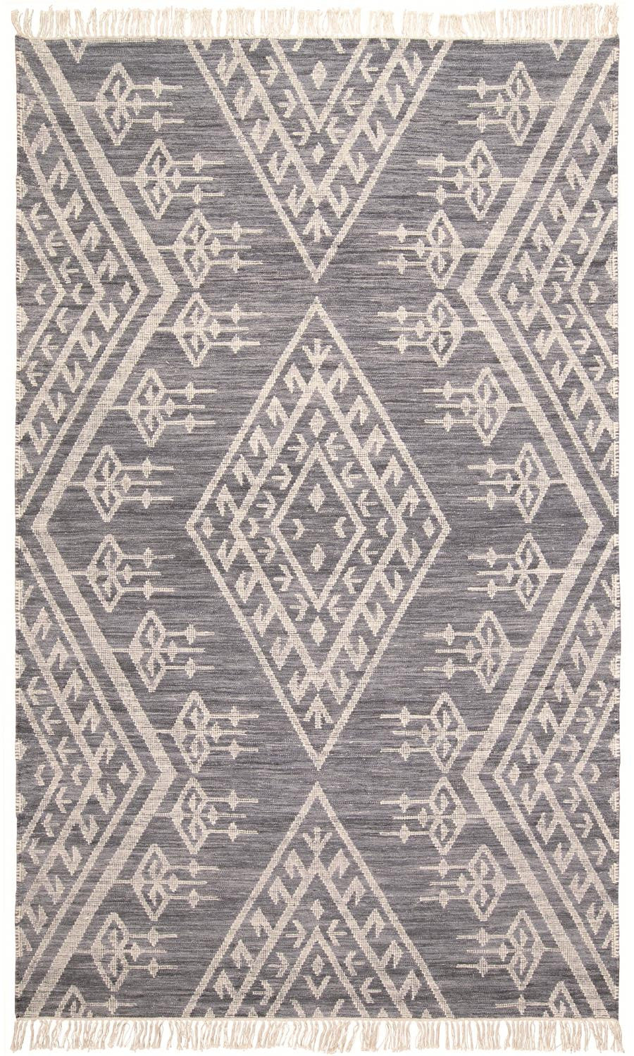 8' X 10' Gray Ivory And Blue Wool Geometric Dhurrie Flatweave Handmade Area Rug With Fringe