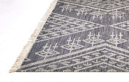 10' X 14' Gray Ivory And Blue Wool Geometric Dhurrie Flatweave Handmade Area Rug With Fringe