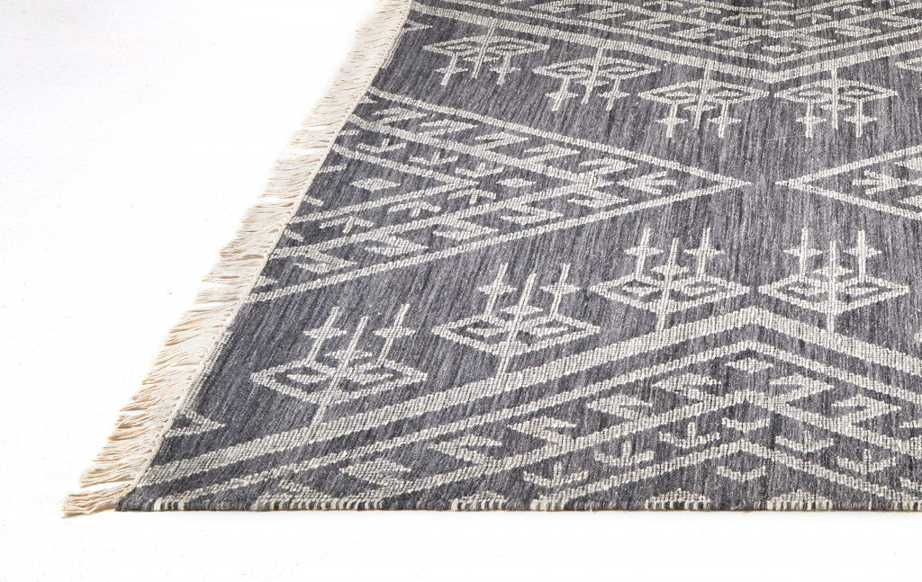 8' X 10' Gray Ivory And Blue Wool Geometric Dhurrie Flatweave Handmade Area Rug With Fringe