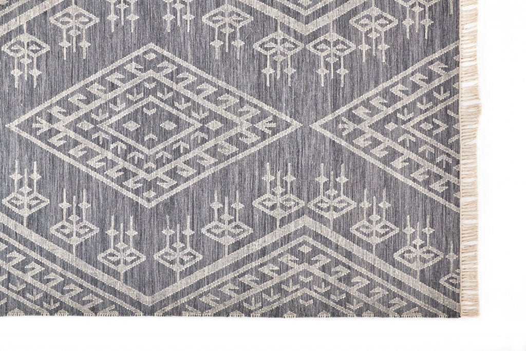 8' X 10' Gray Ivory And Blue Wool Geometric Dhurrie Flatweave Handmade Area Rug With Fringe