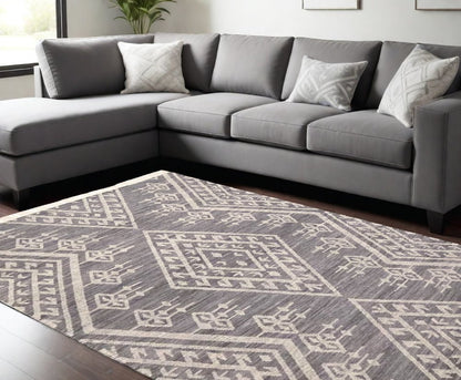 10' X 14' Gray Ivory And Blue Wool Geometric Dhurrie Flatweave Handmade Area Rug With Fringe