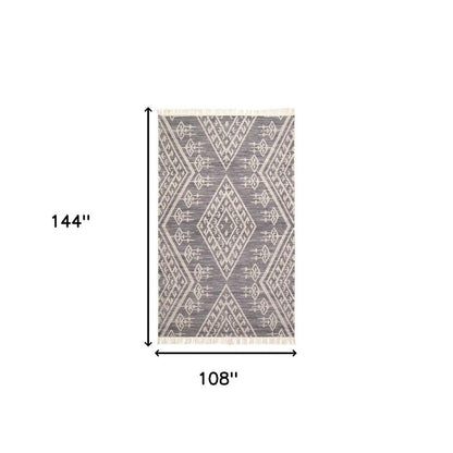 9' X 12' Gray Ivory And Blue Wool Geometric Dhurrie Flatweave Handmade Area Rug With Fringe