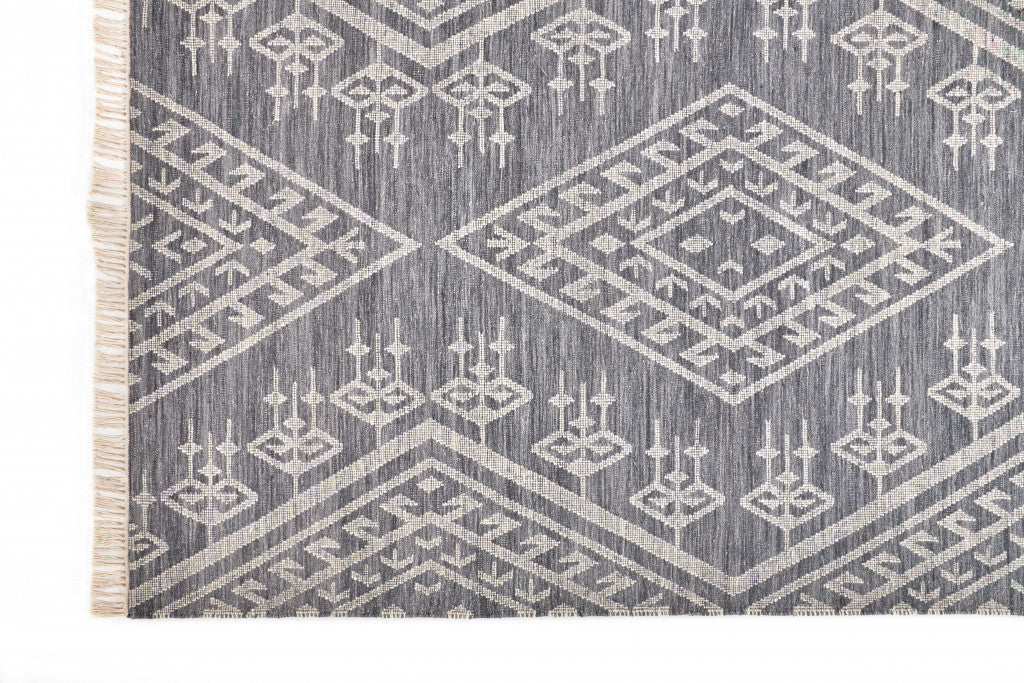 8' X 10' Gray Ivory And Blue Wool Geometric Dhurrie Flatweave Handmade Area Rug With Fringe