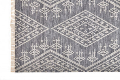 9' X 12' Gray Ivory And Blue Wool Geometric Dhurrie Flatweave Handmade Area Rug With Fringe
