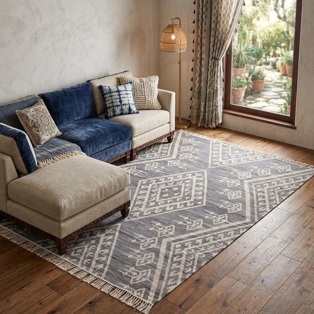 9' X 12' Gray Ivory And Blue Wool Geometric Dhurrie Flatweave Handmade Area Rug With Fringe