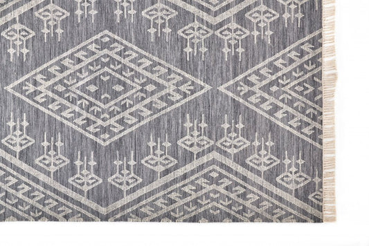 9' X 12' Gray Ivory And Blue Wool Geometric Dhurrie Flatweave Handmade Area Rug With Fringe