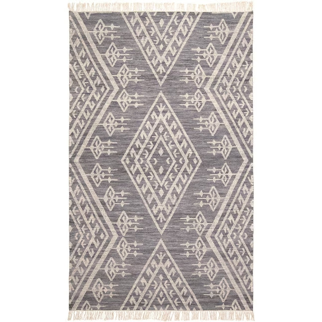 8' X 10' Gray Ivory And Blue Wool Geometric Dhurrie Flatweave Handmade Area Rug With Fringe