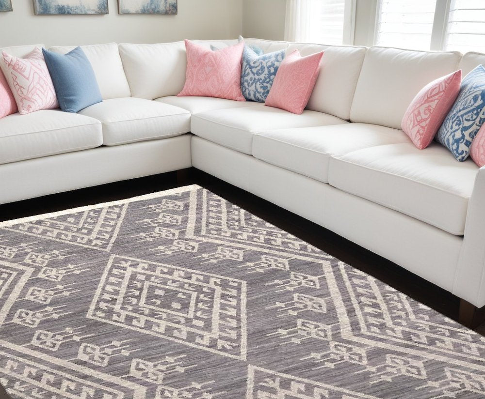 10' X 14' Gray Ivory And Blue Wool Geometric Dhurrie Flatweave Handmade Area Rug With Fringe