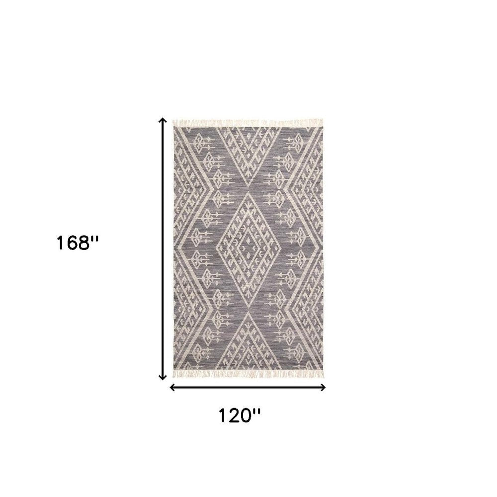 10' X 14' Gray Ivory And Blue Wool Geometric Dhurrie Flatweave Handmade Area Rug With Fringe