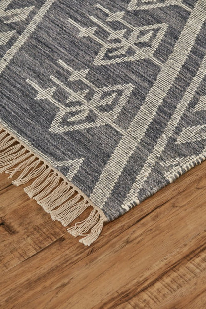 9' X 12' Gray Ivory And Blue Wool Geometric Dhurrie Flatweave Handmade Area Rug With Fringe