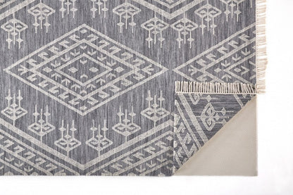 9' X 12' Gray Ivory And Blue Wool Geometric Dhurrie Flatweave Handmade Area Rug With Fringe