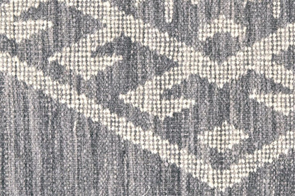 9' X 12' Gray Ivory And Blue Wool Geometric Dhurrie Flatweave Handmade Area Rug With Fringe