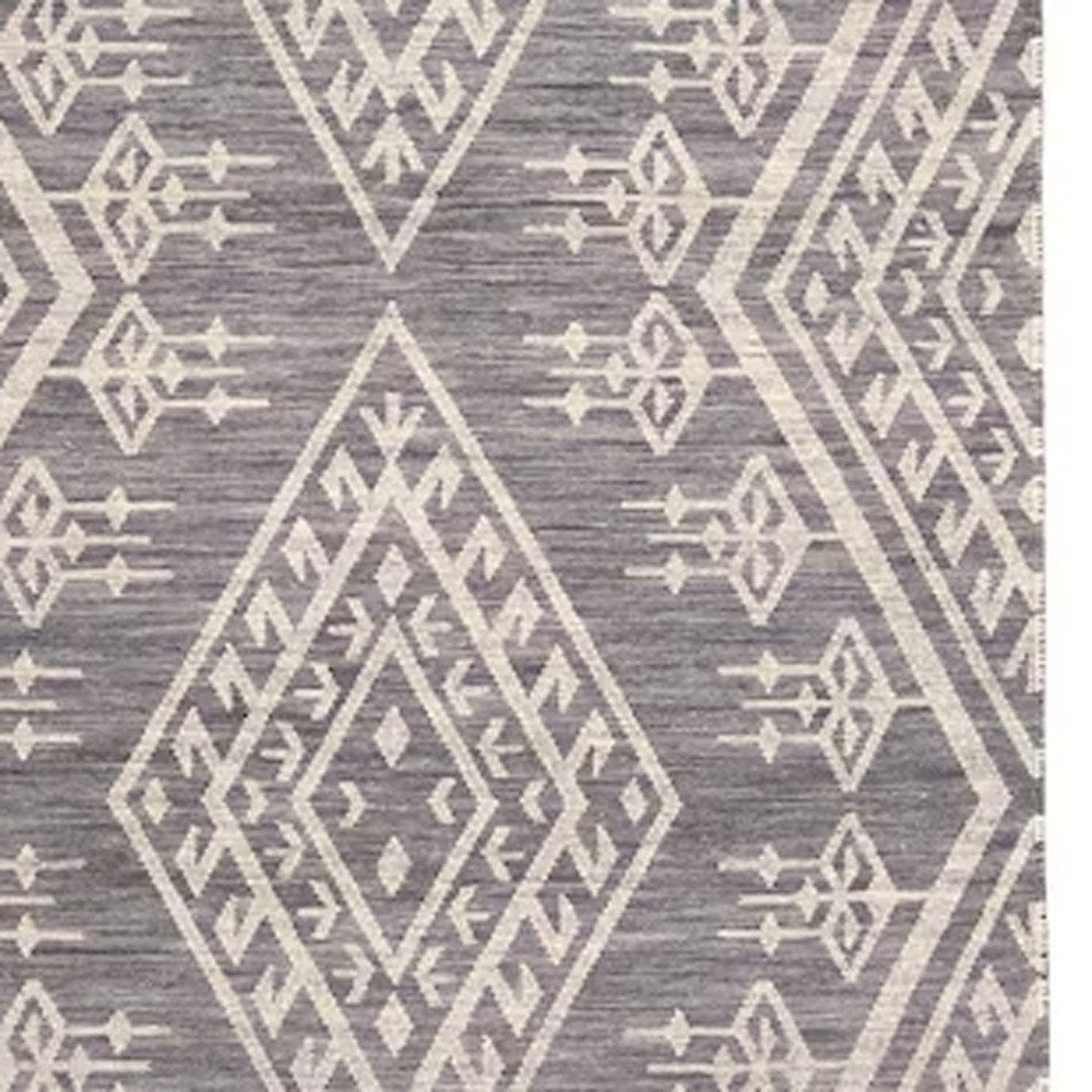 9' X 12' Gray Ivory And Blue Wool Geometric Dhurrie Flatweave Handmade Area Rug With Fringe