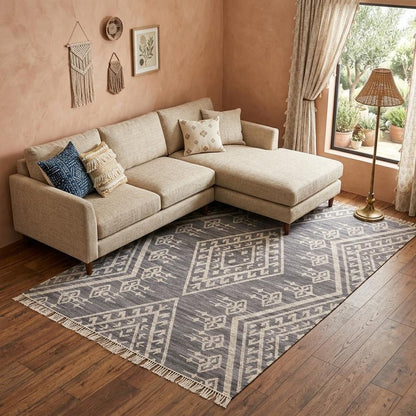 9' X 12' Gray Ivory And Blue Wool Geometric Dhurrie Flatweave Handmade Area Rug With Fringe