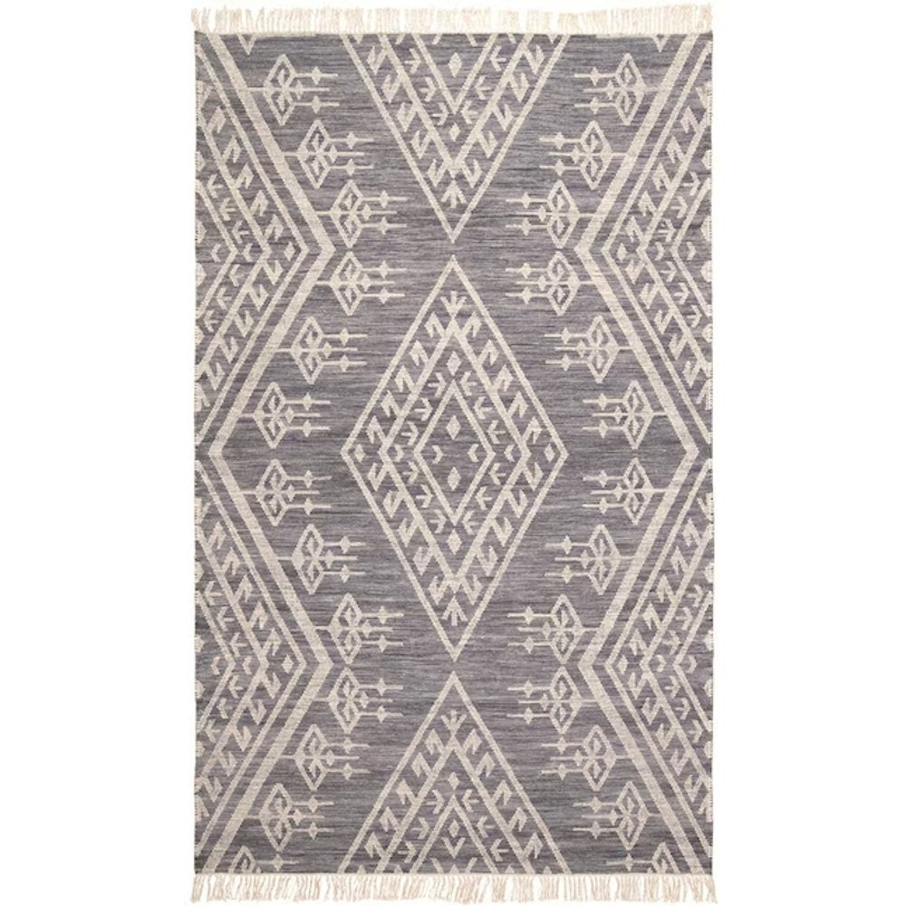 9' X 12' Gray Ivory And Blue Wool Geometric Dhurrie Flatweave Handmade Area Rug With Fringe
