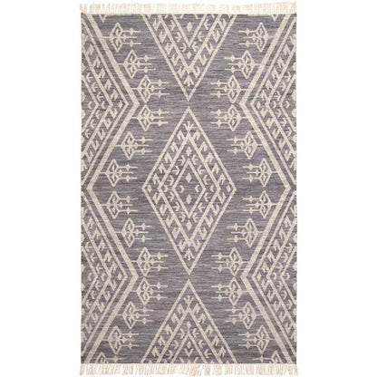 9' X 12' Gray Ivory And Blue Wool Geometric Dhurrie Flatweave Handmade Area Rug With Fringe